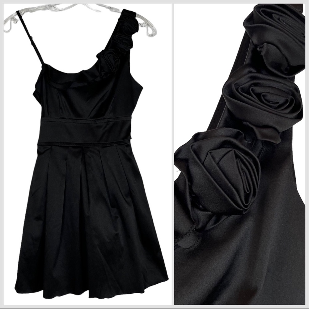 Speechless Black Satin One Shoulder Dress with Flowers